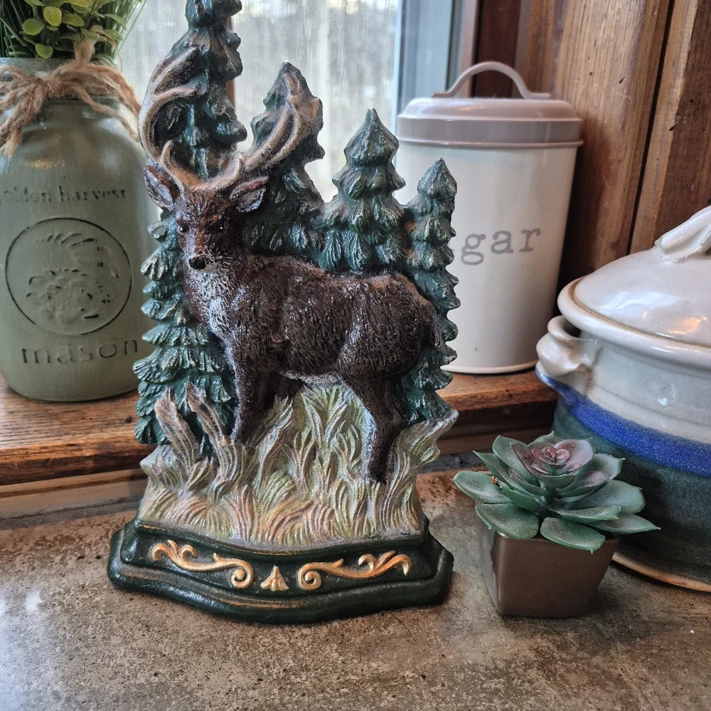 Vintage Cast Metal Deer In Woods Woodland Heavy Handpainted Door Stop / Book End